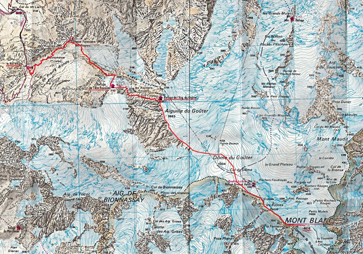 Karte mit der Route zum Mont Blanc
